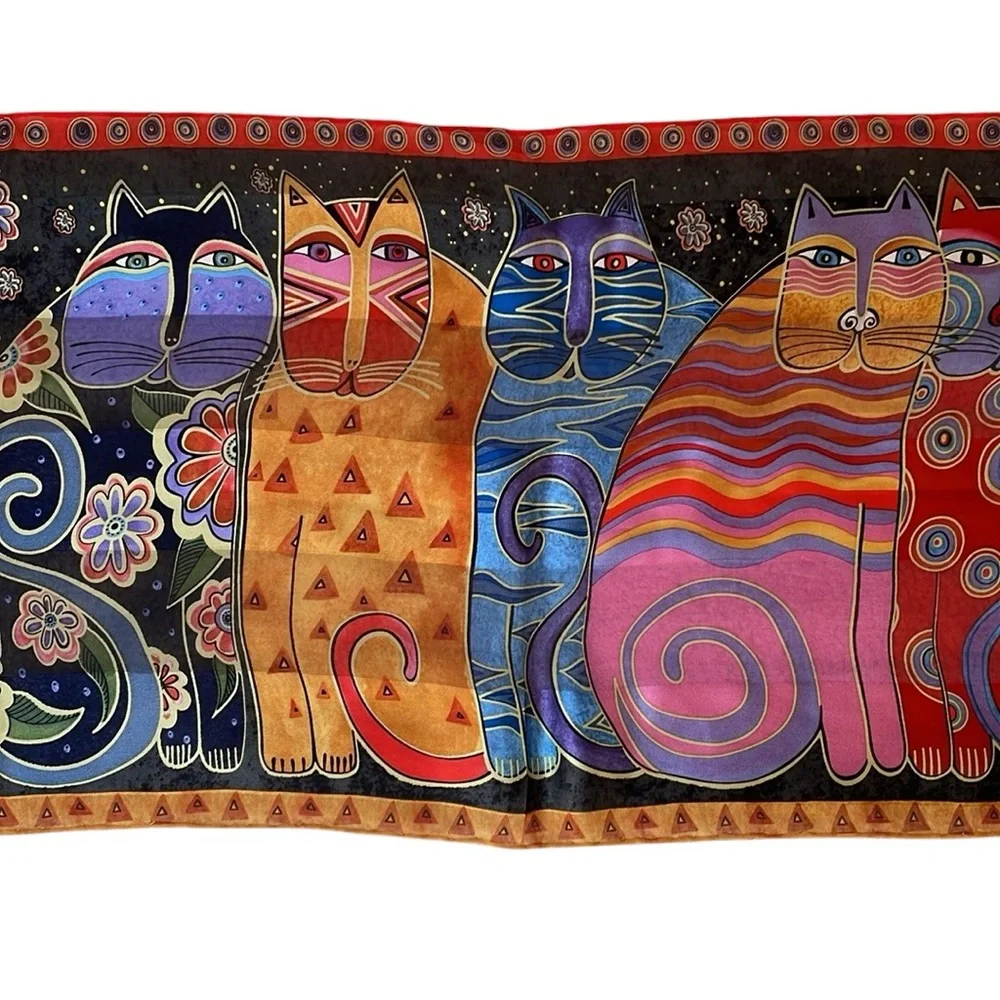 Vintage Laurel Burch Cat Scarf, Silk with Beaded and Sequin Accents